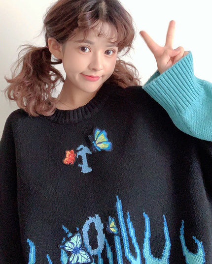 Flame butterfly embroidered sweater
