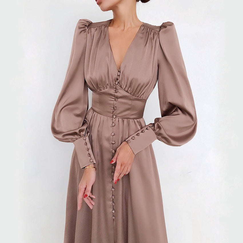 Design Balloon Sleeve Nipped Waist French Satin Dress