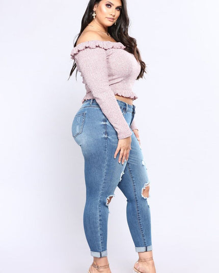 Stretch denim hole high waist jeans