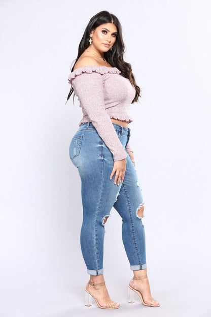 Stretch denim hole high waist jeans