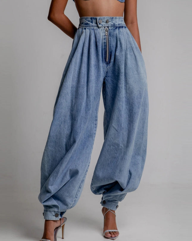 High Waist Zipper Denim Loose Harem Pants