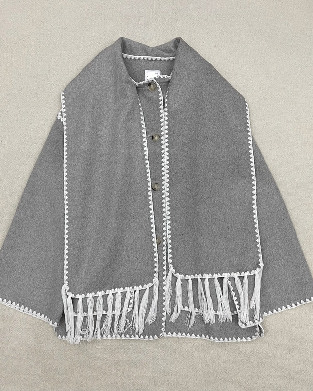 New Wool Blend Autumn And Winter Tassel Scarf Collar Loose Woolen Coat