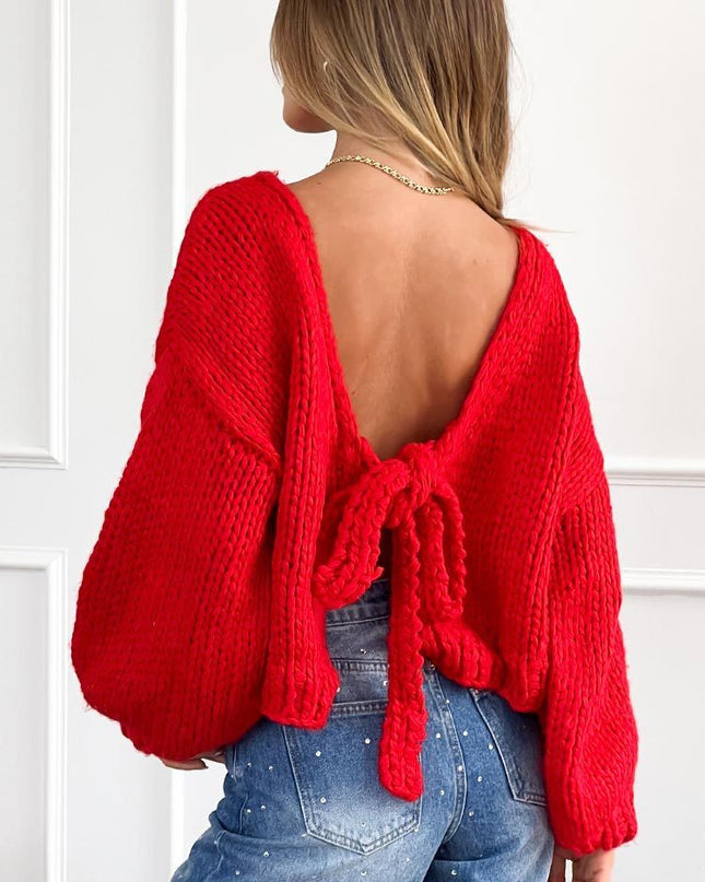 Short Thick Needle Bow Bandage Reverse Cardigan Jacket