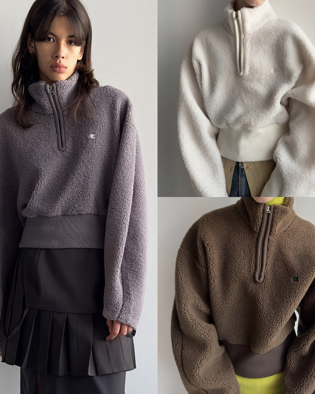 Casual Half Zipper High Neck Short Top