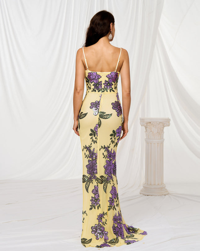 V-neck Brace Slim-fit Sheath Sequined Slit Evening Dress