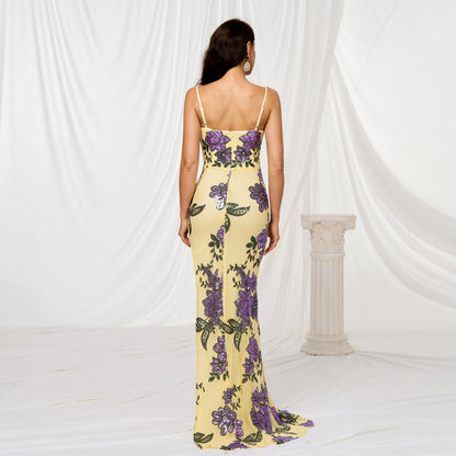 V-neck Brace Slim-fit Sheath Sequined Slit Evening Dress
