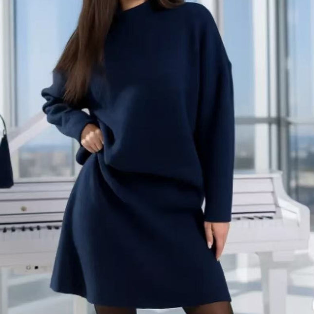 Mock Neck Sweater Autumn And Winter Knitting Top A- Line Skirt Two Pieces