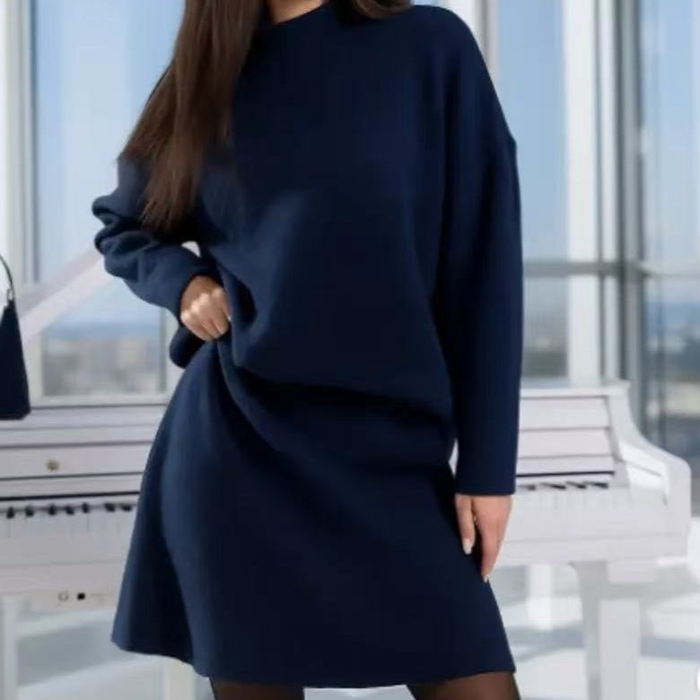Mock Neck Sweater Autumn And Winter Knitting Top A- Line Skirt Two Pieces