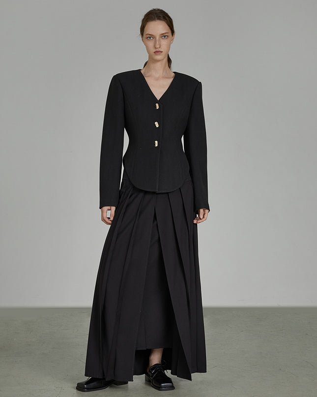 Black V Neck Cropped Blazer With Stylish Shoulder Pads