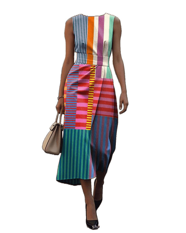 Sleeveless Plus Size Artistic Oil Painting Stripes Elegant Dress