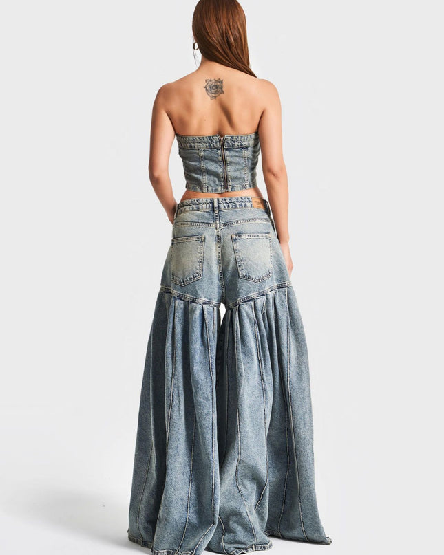 Strapless Denim Corset Crop Top & High - Waisted Pleated  Wide - Leg Pants Set
