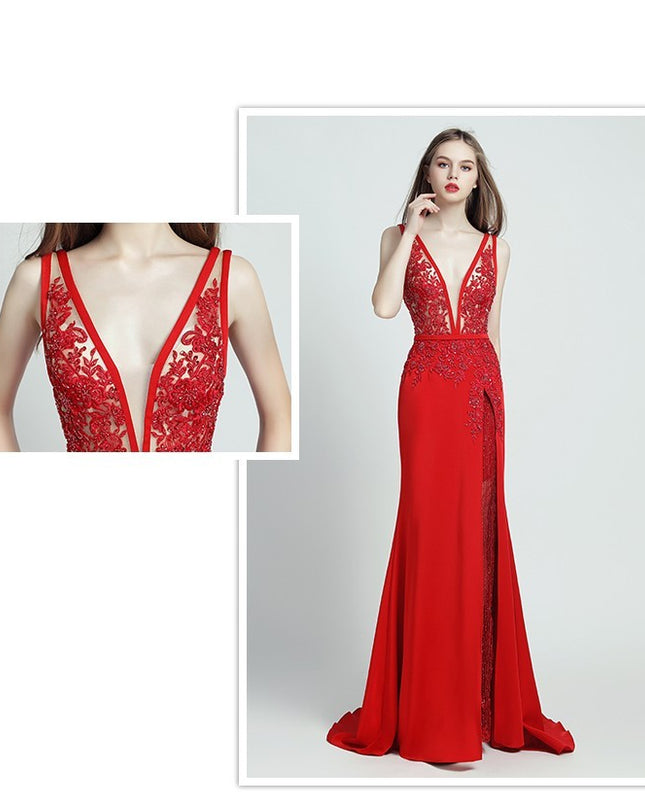 Lace Beaded Toast Dress Temperament Long Style