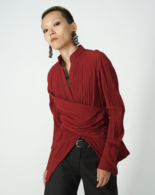 Women's Wrinkled Irregular Waist V-neck Long-sleeved Shirt