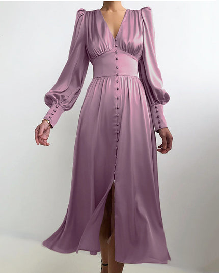 Design Balloon Sleeve Nipped Waist French Satin Dress