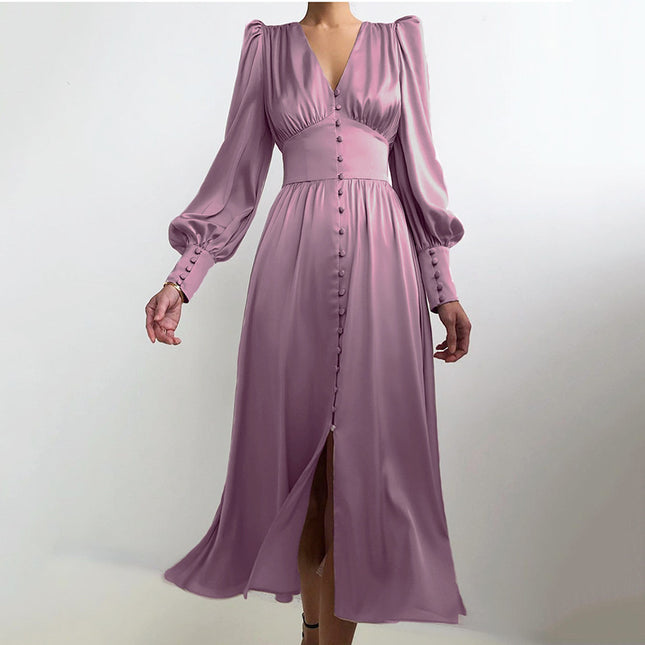 Design Balloon Sleeve Nipped Waist French Satin Dress