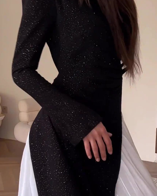 Long Sleeve Stitching Design Pleated False Two-piece Suit Dress