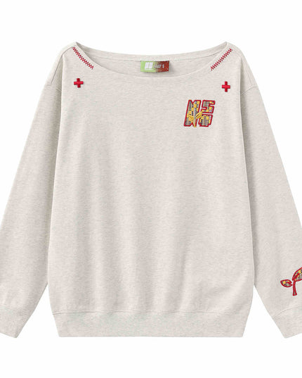 Women's Paste Cloth Embroidery Slant Shoulder Loose Long Sleeve Top