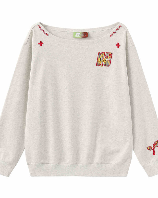 Women's Paste Cloth Embroidery Slant Shoulder Loose Long Sleeve Top