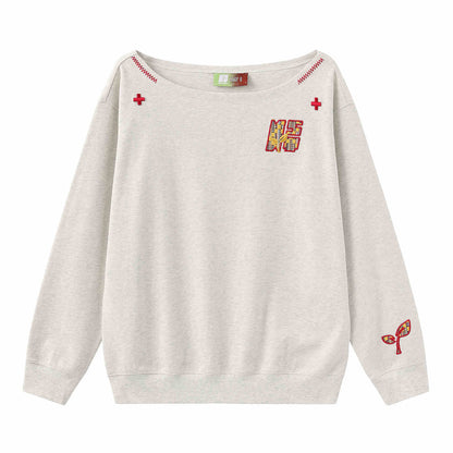 Women's Paste Cloth Embroidery Slant Shoulder Loose Long Sleeve Top