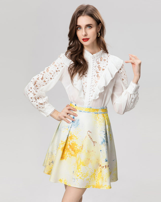 Silk Crinkle Silk Stitching Water Soluble Lotus Leaf Stand Collar Top A- Line Skirt Short Skirt Fashion Suit