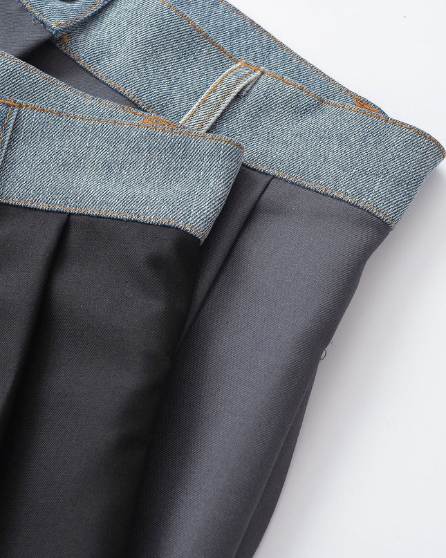 Color Contrast Patchwork Denim Waist High Waist Loose Straight Casual Pants