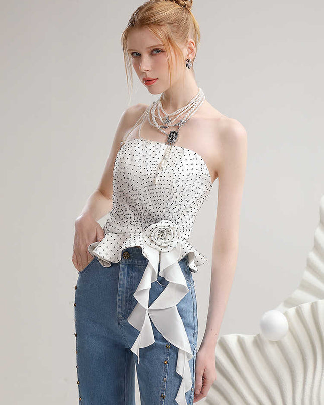 Summer Contrast Color Polka Dot Irregular Spaghetti-strap Top