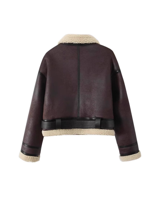 Wear Fur Integrated Lapel Thickening Warm Double-sided Casual Short Jacket Coat