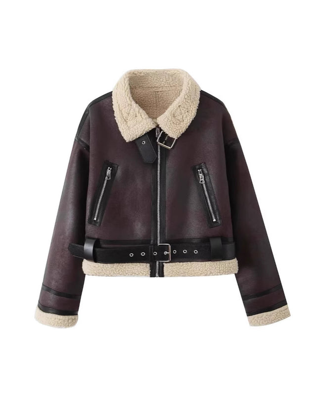 Wear Fur Integrated Lapel Thickening Warm Double-sided Casual Short Jacket Coat