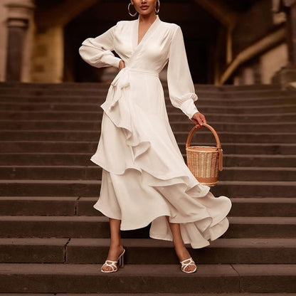 Long Sleeve Ruffles Long White Satin Dress Layered