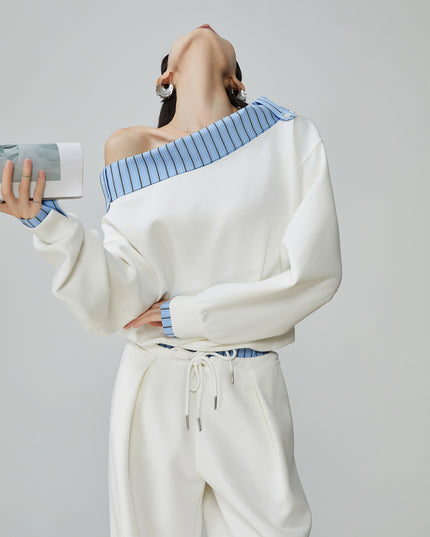 Two Piece Set Of Blue And White Striped Collared Sloping Shoulder Hoodie And Wide Leg Pants
