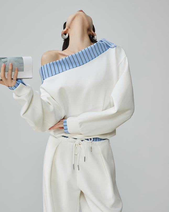 Two Piece Set Of Blue And White Striped Collared Sloping Shoulder Hoodie And Wide Leg Pants