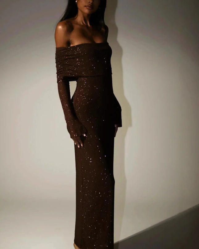 Sexy Luxury Strapless Long Sleeve Slim Rhinestone Noble Dress