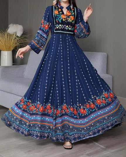 Women's Ethnic Style V-Neck Long Sleeve Dress