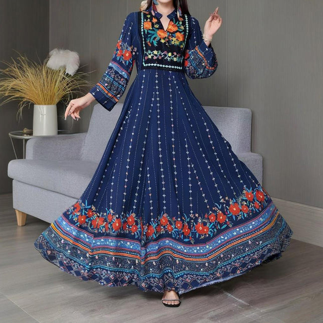 Women's Ethnic Style V-Neck Long Sleeve Dress