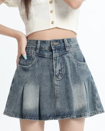 Retro Denim Skirt Summer A- Line Pleated Skirt