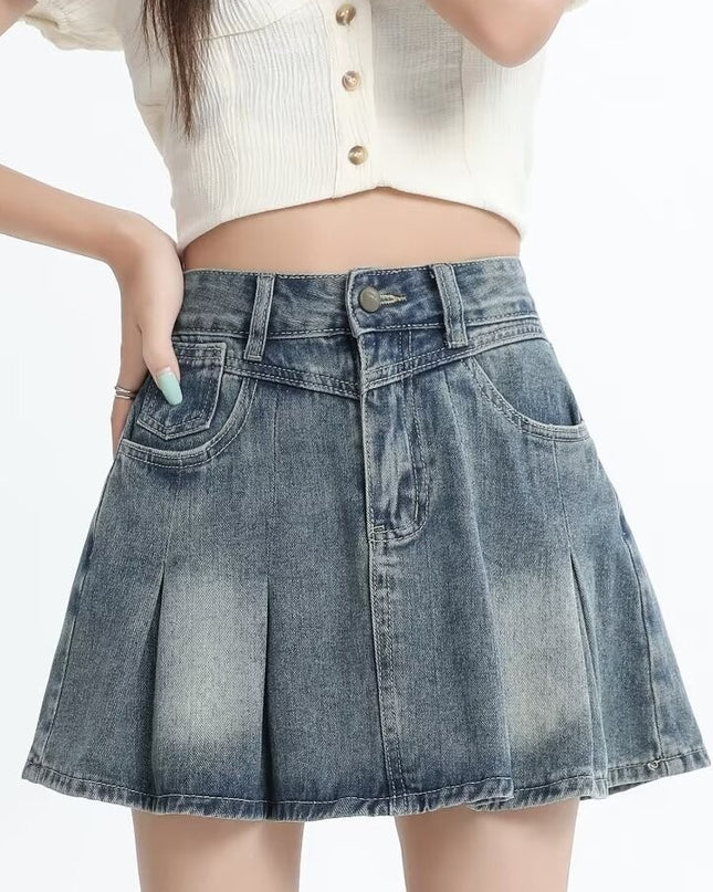 Retro Denim Skirt Summer A- Line Pleated Skirt