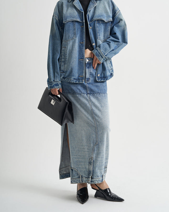 Washed Denim Long Skirts Stitching Design Women's Clothing