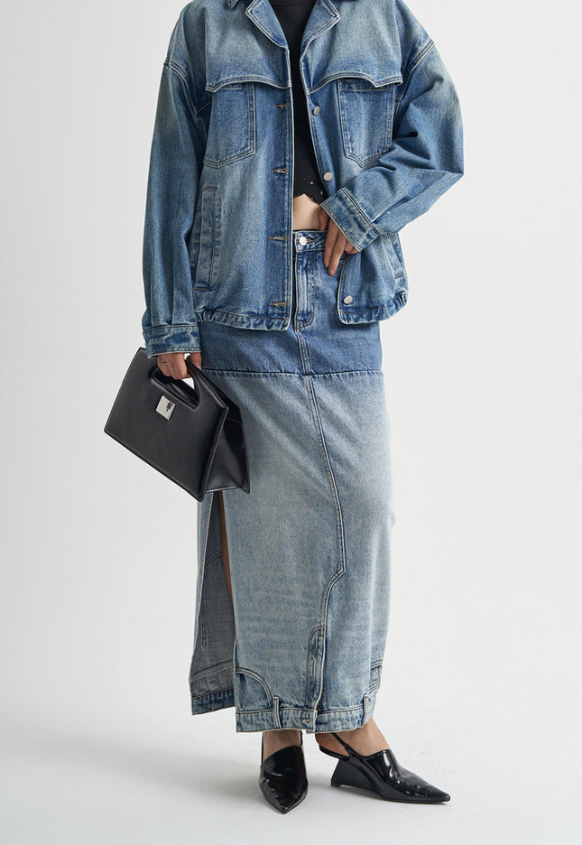 Washed Denim Long Skirts Stitching Design Women's Clothing