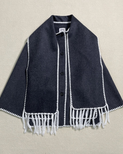 New Wool Blend Autumn And Winter Tassel Scarf Collar Loose Woolen Coat