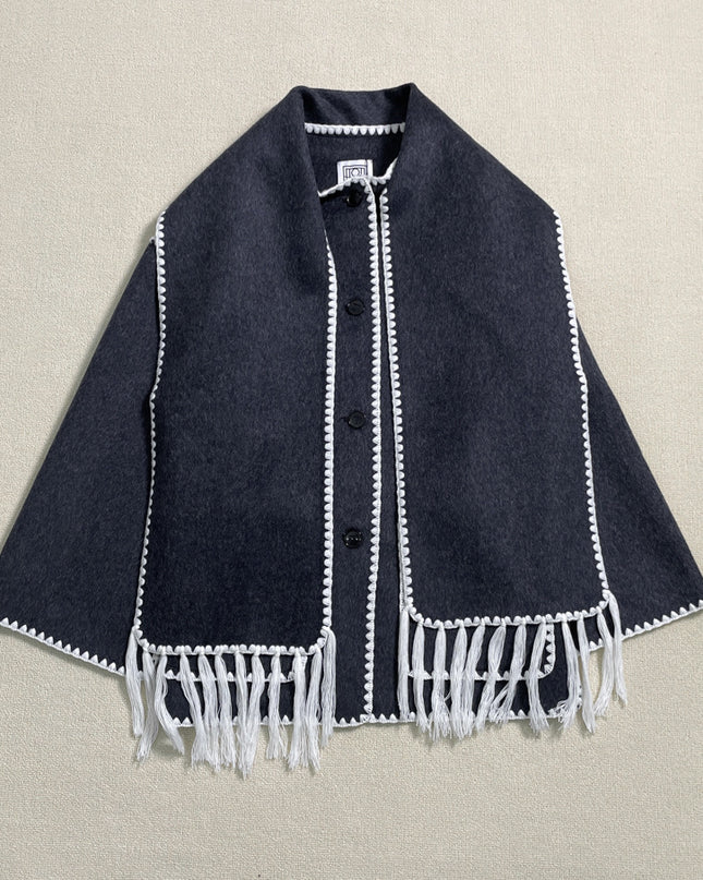 New Wool Blend Autumn And Winter Tassel Scarf Collar Loose Woolen Coat