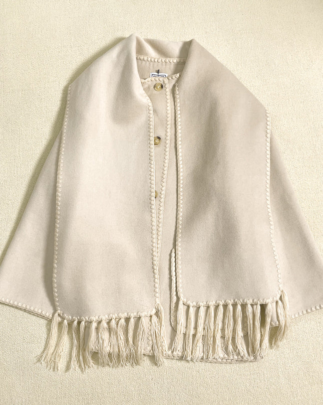 New Wool Blend Autumn And Winter Tassel Scarf Collar Loose Woolen Coat