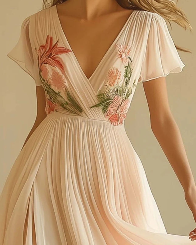 V-neck Short-sleeved Digital Printing Positioning Long Dress