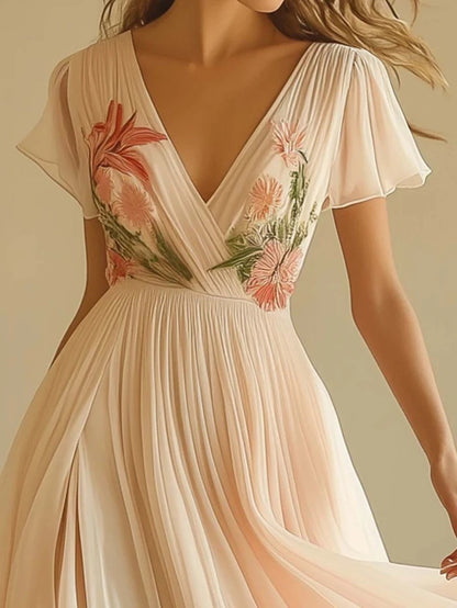 V-neck Short-sleeved Digital Printing Positioning Long Dress