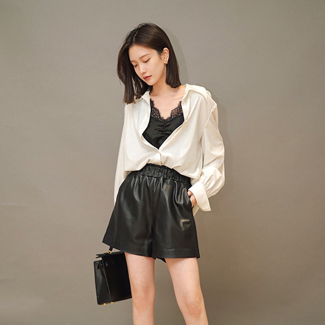 Fashion Loose Straight Leather Shorts Women