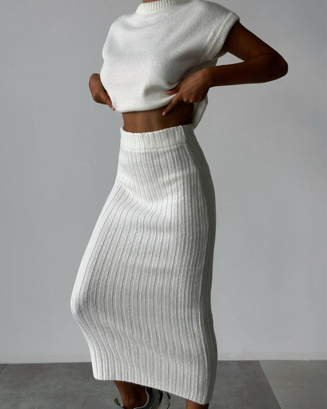 Sweater Suit Women's Sleeveless Pullover Coat Skirt