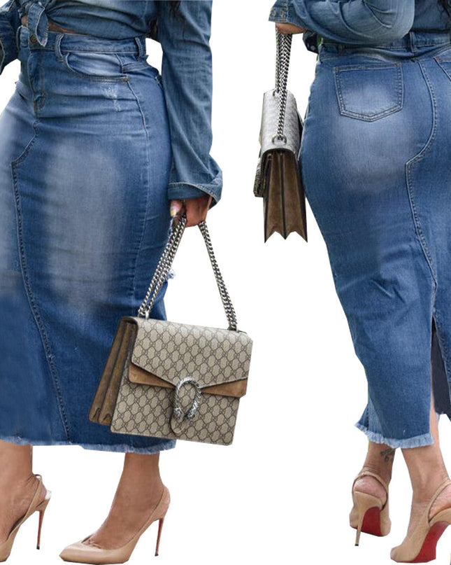 Women's Fashionable Hip-wrapped Stretch Denim Long Skirts