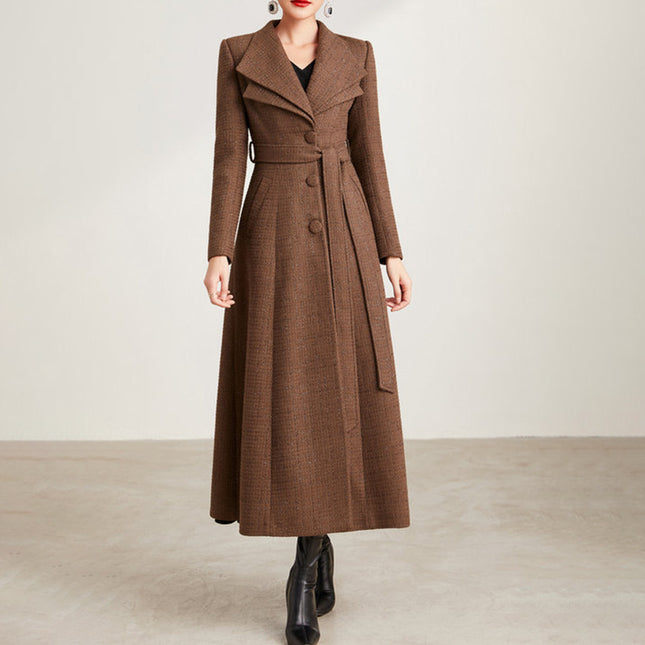 Double Collar Long Slim Fit Tweed Coat