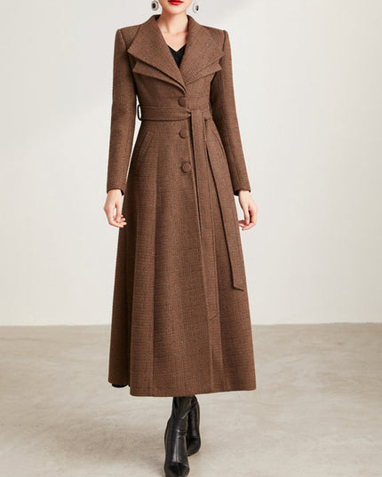Double Collar Long Slim Fit Tweed Coat