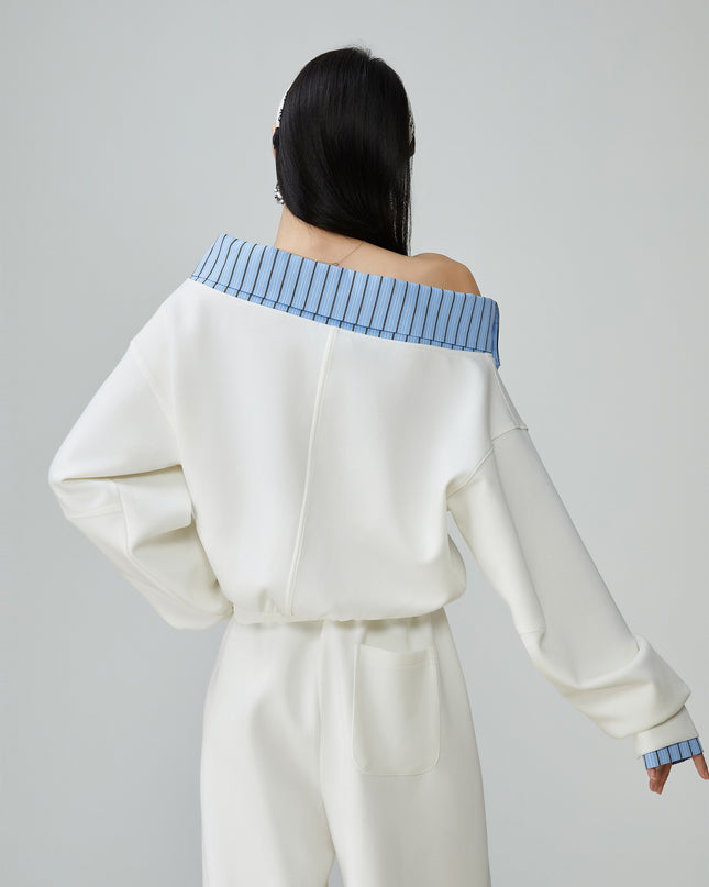 Two Piece Set Of Blue And White Striped Collared Sloping Shoulder Hoodie And Wide Leg Pants