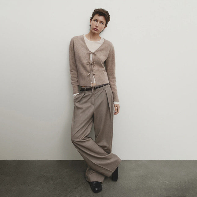 Solid Color And V-neck Rope Casual Minimalist Long Sleeve Sweater For Women